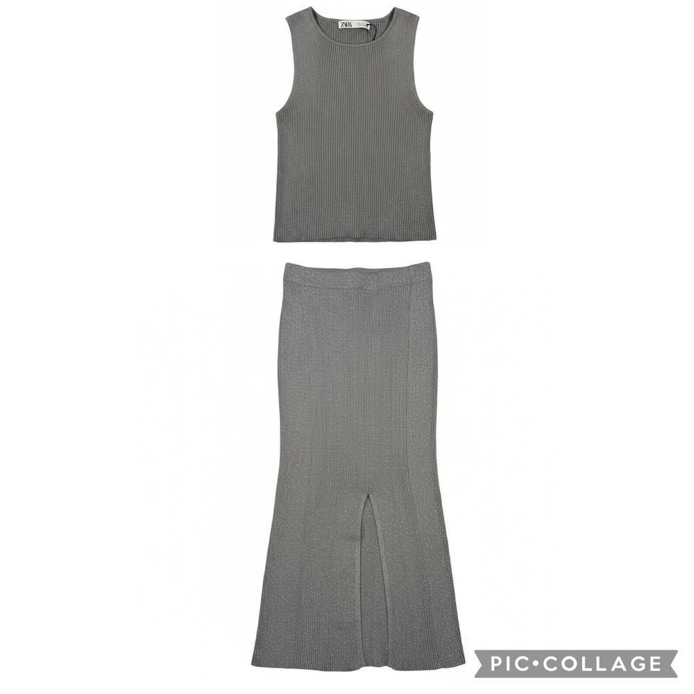 Zara Womens Silver Metallic Ribbed Knit 2 Piece Set‎ Crop Top Midi Skirt Size M